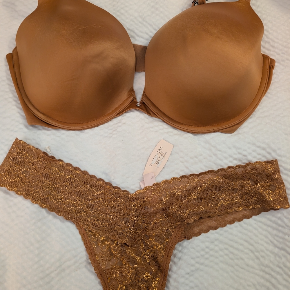 Victoria's Secret Bronze T-Shirt Bra with Lace Thong Set